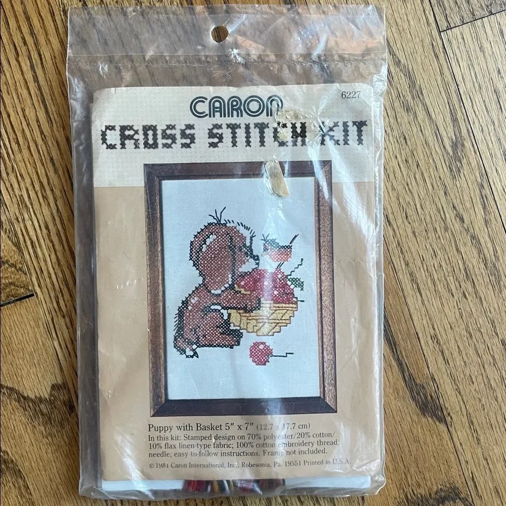 Vintage 1981 Caron Cross Stitch Kit 6227 Puppy Basket 5x7 Sealed NOS